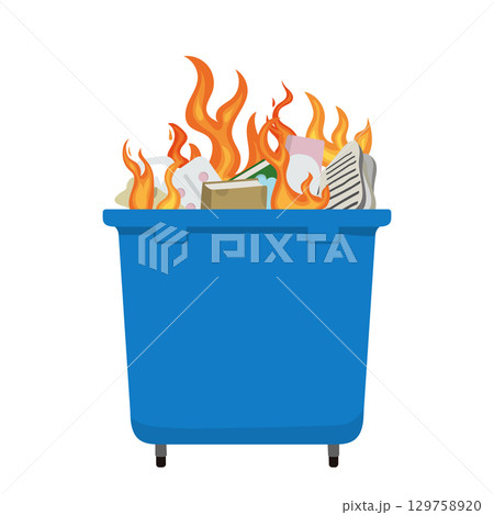 Blue dumpster burning with flames and garbage inside 129758920