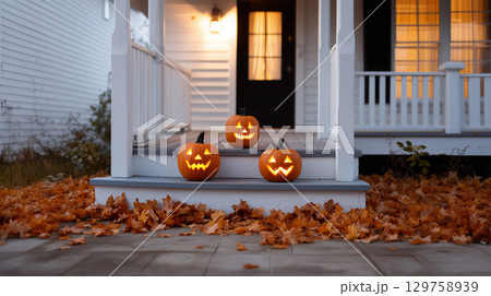 Three glowing jack o lanterns on a front porch...のイラスト素材 [129758939 ...