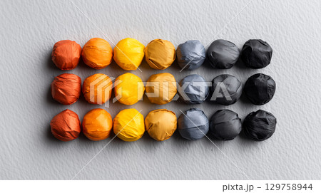 Halloween candy arranged in a color gradient from orange to black Halloween candy arranged in a color gradient from orange to black 129758944
