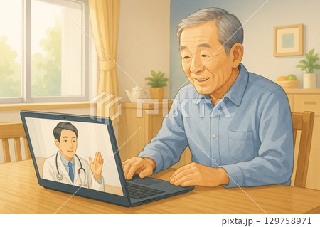 オンライン診療を受ける高齢男性 129758971