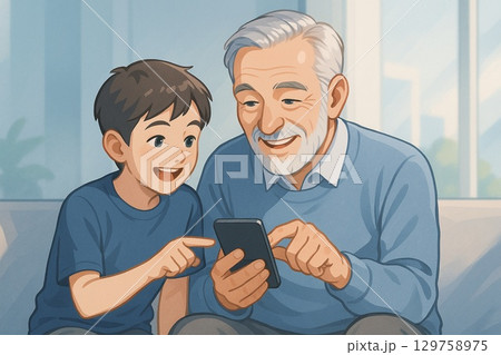 孫と一緒にスマホを操作する祖父 129758975