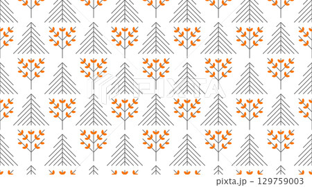 Seamless vector linear geometric fall trees pattern. Gray line orange fruit dot autumn art deco background. Spruces and trees design wrapping paper. Falling texture for autumn fabric design 129759003