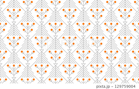 Seamless vector linear geometric fall trees pattern. Gray line orange fruit dot autumn art deco background. Spruces and trees design wrapping paper. Falling texture for autumn fabric design 129759004