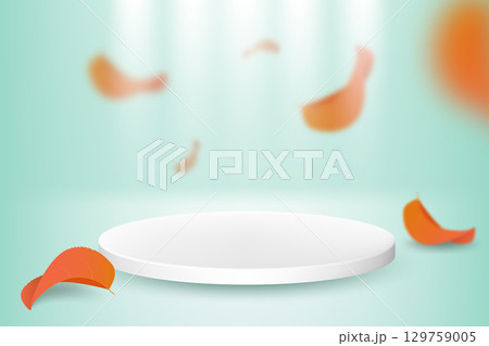 Abstract vector scene with geometric shapes and flying autumn leaves. Cylindrical podium on a blue background with red leaves. Product presentation. Layout, podium platform pedestal autumn 129759005