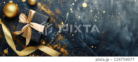 Elegant Gift Box with Golden Ribbon and Ornaments on Dark Background. Concept of Holiday Celebration, Festive Decoration, Christmas Joy, and Luxurious Gifting. Flat Lay. Copy space. Banner. 129759077