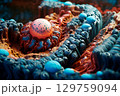 endometrium with with egg close up, ovaries ovulation microbiological background with molecules and cells, organelles 129759094