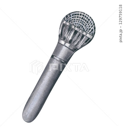 Watercolor silver microphone or mike illustration isolated on white background. Handheld audio device in monochrome style/ Wireless mic sketch for music performances, recording studio design. Watercolor silver microphone or mike illustration isolated on white background. Handheld audio device in monochrome style/ Wireless mic sketch for music performances, recording studio design. 129759118