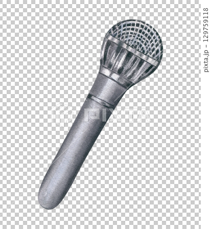 Watercolor silver microphone or mike illustration isolated on white background. Handheld audio device in monochrome style/ Wireless mic sketch for music performances, recording studio design. Watercolor silver microphone or mike illustration isolated on white background. Handheld audio device in monochrome style/ Wireless mic sketch for music performances, recording studio design. 129759118