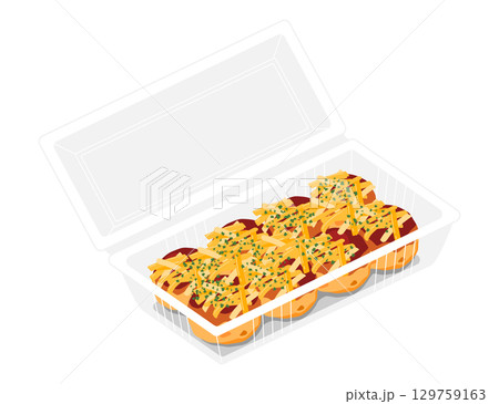 斜め上から見たチーズをかけたたこ焼きのイラスト　8個　フードパック 129759163