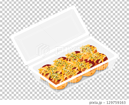 斜め上から見たチーズをかけたたこ焼きのイラスト　8個　フードパック 129759163