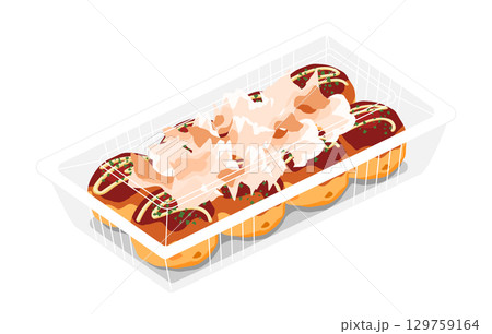 斜め上から見た鰹節をかけたたこ焼きのイラスト　8個　フードパック 129759164