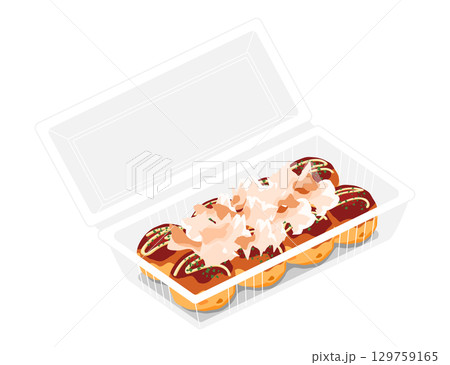 斜め上から見た鰹節をかけたたこ焼きのイラスト　8個　フードパック 129759165