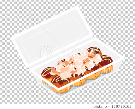 Illustration of takoyaki topped with bonito flakes, seen from above. 8 pieces. Food pack. 129759165