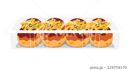 正面から見たチーズをかけたたこ焼きのイラスト　8個　フードパック 129759170