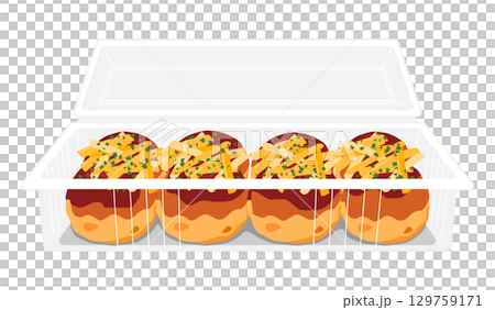 Front view of takoyaki topped with cheese - 8 pieces - food pack Front view of takoyaki topped with cheese - 8 pieces - food pack 129759171