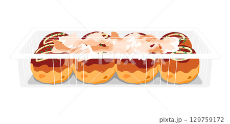 正面から見た鰹節をかけたたこ焼きのイラスト　8個　フードパック 129759172