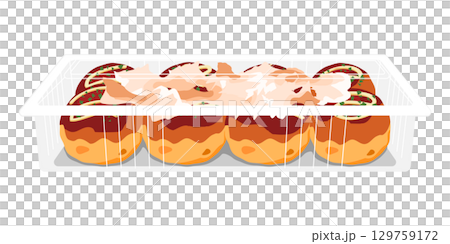 Illustration of takoyaki topped with bonito flakes, seen from the front. 8 pieces. Food pack. 129759172