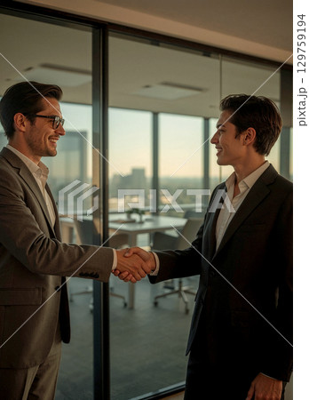 Two successful businessmen or partners shaking hands to seal a deal. A concept of agreement, collaboration, and partnership in a modern office with warm, golden sunlight. 129759194