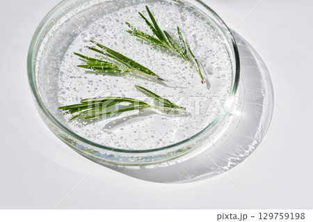 Anti-inflammatory serum and rosemary in a petri dish. 129759198