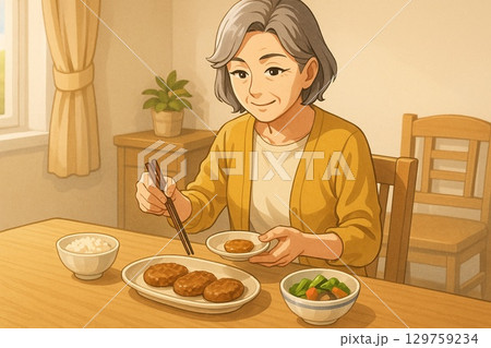 食べ残しを減らす工夫をする高齢者 食べ残しを減らす工夫をする高齢者 129759234