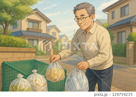 分別ごみを出す高齢男性 129759235