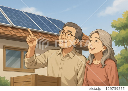 ソーラーパネルを点検する高齢夫婦 129759255