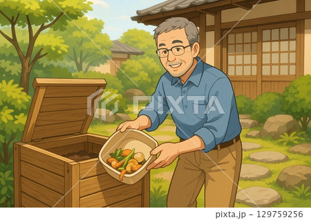 コンポスト作業中の高齢男性 129759256
