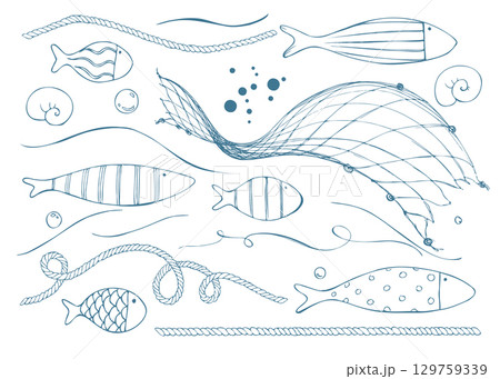 Assorted marine elements fish, ropes, nets, waves and bubbles in unified ink palette for flexible composing. Hand-drawn ink line art illustration. Clip art set for logos, cards, stickers and DIY. Assorted marine elements fish, ropes, nets, waves and bubbles in unified ink palette for flexible composing. Hand-drawn ink line art illustration. Clip art set for logos, cards, stickers and DIY. 129759339