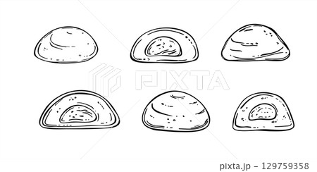 Black and white vector set of mochi in various shapes. Whole, halved daifuku clip art. Traditional Asian dessert, sweet candies. For packaging, food blog, Japanese cuisine, culinary illustration. 129759358
