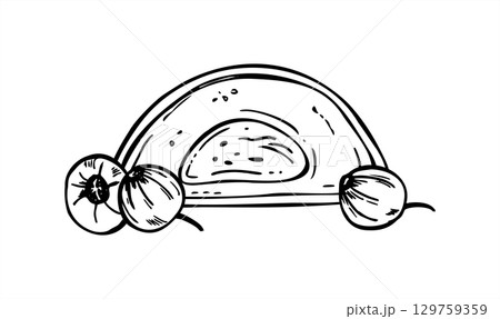 Hand drawn monochrome Japanese rice cake with berry vector illustration. Half mochi and currant line art. Sweet filling candy food for Asian confectionery design, and healthy dessert packaging. 129759359