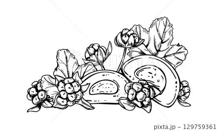 Sweet Asian rice desert with cloudberry monochrome vector illustration painted by black inks. Half mochi and blackberries graphic sketch. Filling candy for poster, packaging, label, invitation. 129759361