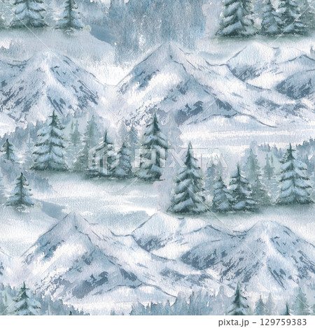 Snowy mountain slopes with snowy trees spruce watercolor seamless pattern isolated. Monochrome winter woodland rocky scene hand drawn. Landscape foggy repeated background for holiday design. Snowy mountain slopes with snowy trees spruce watercolor seamless pattern isolated. Monochrome winter woodland rocky scene hand drawn. Landscape foggy repeated background for holiday design. 129759383