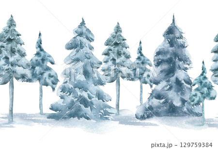 Winter seamless border of pine and spruce trees pastel watercolor isolated on white. Conifers under snow in soft monochrome tones hand drawn. Christmas woodland scene on repeat background for textile. Winter seamless border of pine and spruce trees pastel watercolor isolated on white. Conifers under snow in soft monochrome tones hand drawn. Christmas woodland scene on repeat background for textile. 129759384