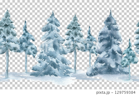 Winter seamless border of pine and spruce trees pastel watercolor isolated on white. Conifers under snow in soft monochrome tones hand drawn. Christmas woodland scene on repeat background for textile. 129759384