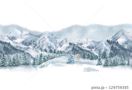 Winter seamless border of rustic cabin, snow covered evergreens tree and soft blue mountain silhouettes watercolor isolated. Woodland scene hand drawn repeated background for Christmas designs. 129759385