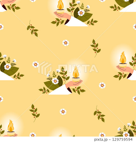 Religion Seamless Pattern. Sacred Flame. Vigil Lamp in Hand with Sacred Flame with Flowers on yellow Background with leaves. Vector Illustration. Spiritual Light And Faith Religious Culture template 129759594