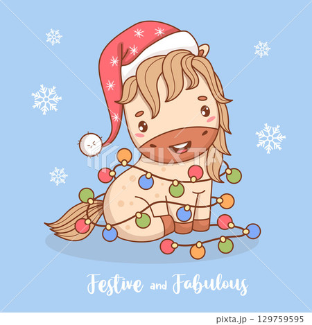 Cute Happy Christmas Little Pony in Santa hat with Garland Balls. Symbol of year 2026 to Eastern calendar, Funny New Year kawaii animal. Vector illustration. Holiday cool card with slogan. Not AI. 129759595