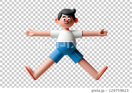 3d cartoon character mid-air doing jumping jacks, playful fitness motion isolated on transparent background 3d cartoon character mid-air doing jumping jacks, playful fitness motion isolated on transparent background 129759623