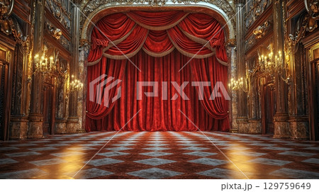 An Elegant Red Velvet Stage Curtain beautifully complemented by stunning Chandelier Lighting for an enchanting ambiance 129759649