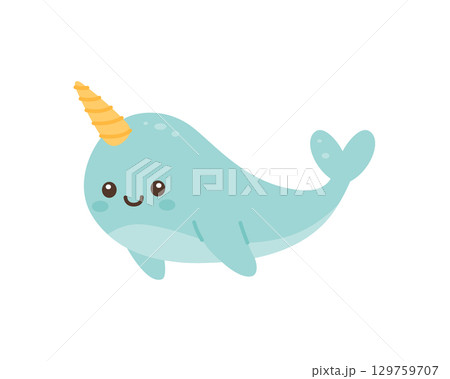 Cute cartoon narwhal with smiling face and yellow spiral tusk. Flat vector sea animal illustration for kids and marine themes Cute cartoon narwhal with smiling face and yellow spiral tusk. Flat vector sea animal illustration for kids and marine themes 129759707