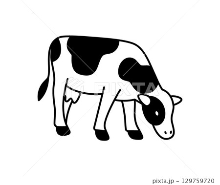 Minimalist black and white outline of a grazing cow with udder. Modern dairy vector art for eco-friendly and agricultural themes Minimalist black and white outline of a grazing cow with udder. Modern dairy vector art for eco-friendly and agricultural themes 129759720