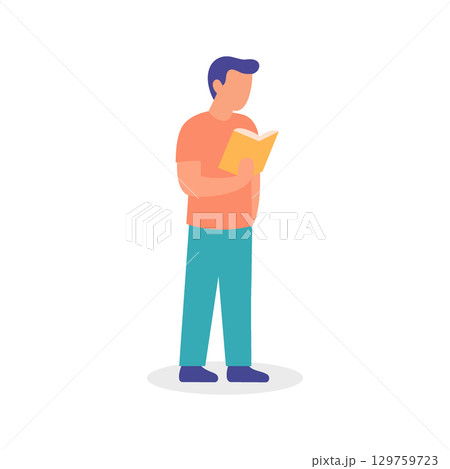Young man standing and reading book in relaxed posture. Modern flat vector illustration for education and study concepts Young man standing and reading book in relaxed posture. Modern flat vector illustration for education and study concepts 129759723
