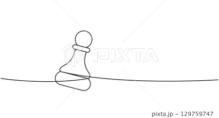 minimalist line drawing of a single chess pawn on a straight line, simple black outline art symbolizing beginnings 129759747