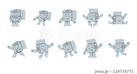 Toilet paper characters. Funny paper roll mascots. Different poses and expressions. Various doodle toilet papers sticker pack design. 129759771