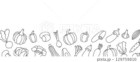 Vegetables outline banner. Fresh raw vegetables. Natural vegetarian foods. Healthy eating. Vector illustration. 129759810