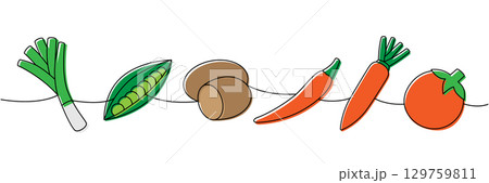 Bunch of peas, potato, chili pepper, carrot, tomato, spring onions one line colored continuous drawing. Fresh organic vegetables. Vector illustration 129759811