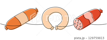 Round sausage, delicious sausages one line colored continuous drawing. Meat products. Vector illustration 129759813
