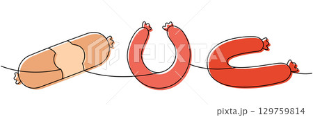 Doctor sausage, frankfurters sausage, round sausage one line colored continuous drawing. Meat products. Vector illustration 129759814
