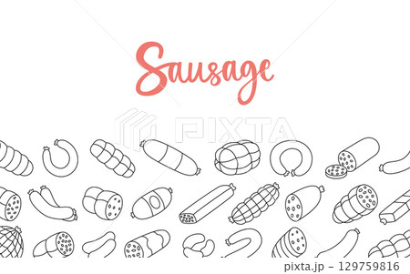 Outline sausages horizontal banner. Fresh raw sausages. Butchery menu design template for food market, products promotion. Vector illustration. 129759816