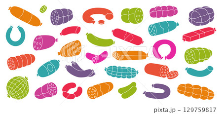 Fresh sausages set. Meat sausages menu design template for food market, products promotion. Vector illustration. 129759817